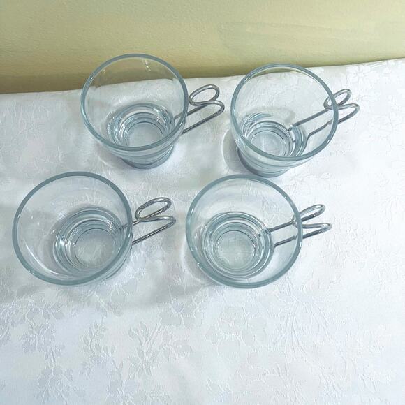 4 Bormioli Rocco Oslo Italian Tempered Glass Espresso Cups Metal Handle Mugs Cup - Picture 2 of 11